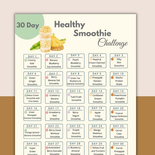 30-Dages Smoothie Udfordring med Opskrifter | Sundhedstracker | Guide til en Sund Livsstil | Printbar Smoothie Opskriftsbog