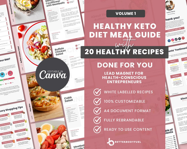 Ultimativ Keto-diætguide & opskrifts-e-bog, redigerbar Canva-skabelon, med 20 nemme Keto-opskrifter til folk der vil leve sundere